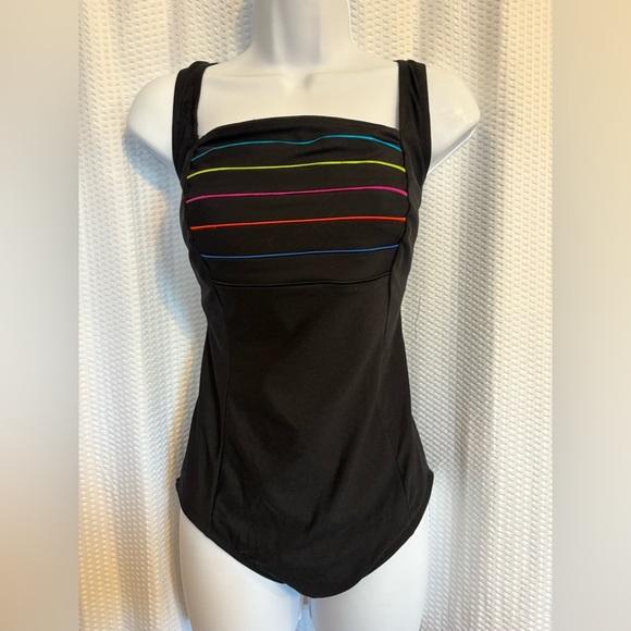 Longitude black one piece swimsuit with multicolored stripes size 14 - Picture 8 of 8